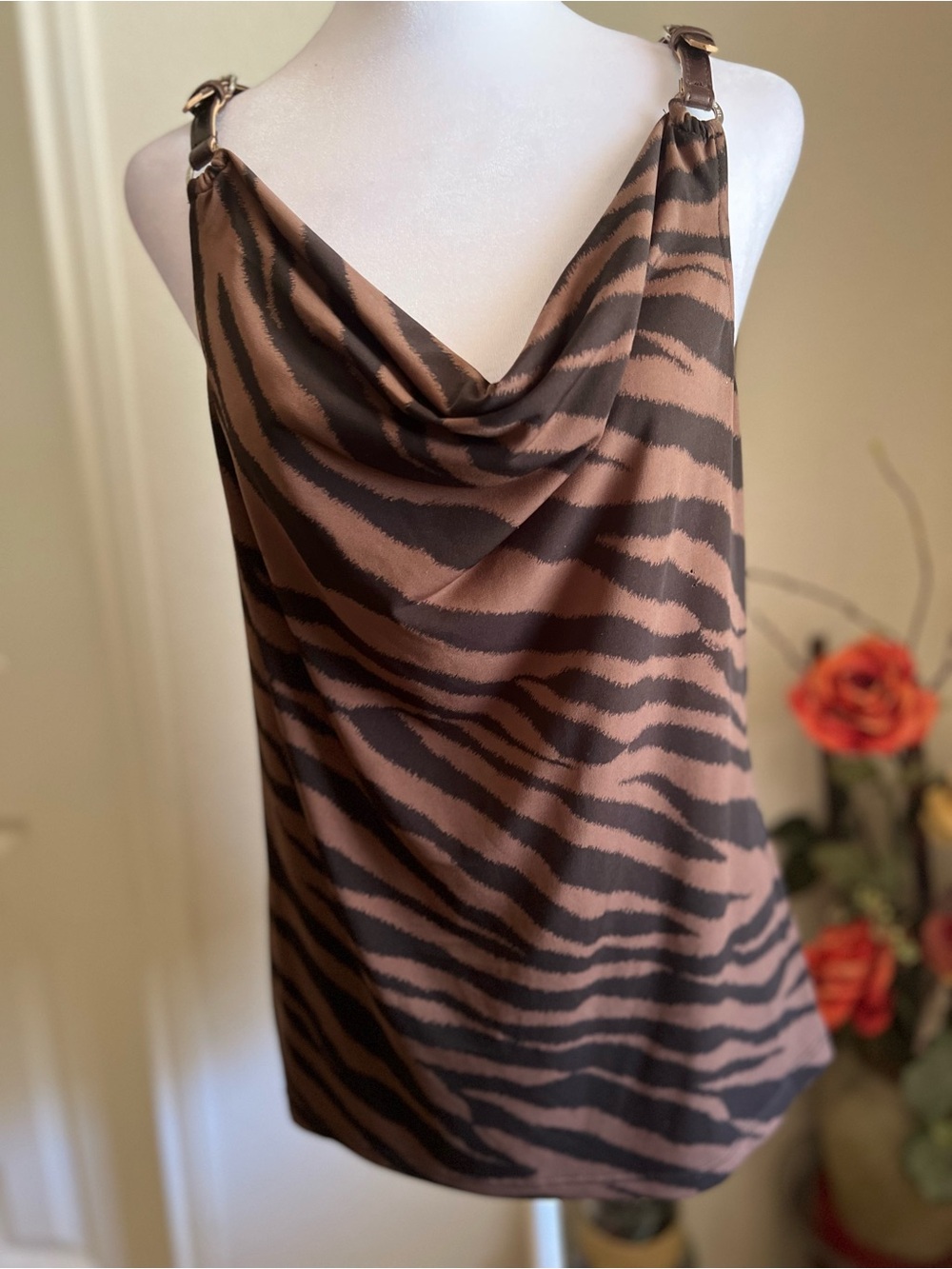 Michael Kors Brown and Black Zebra Print Cowl Neck Tank Top